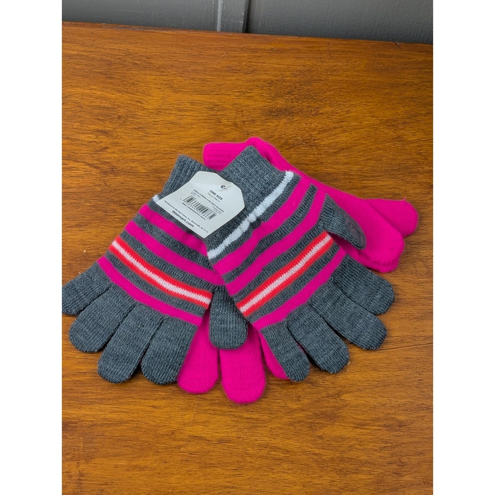 Girls 2 Pack Knit Gloves Pink Gray Striped One Size New